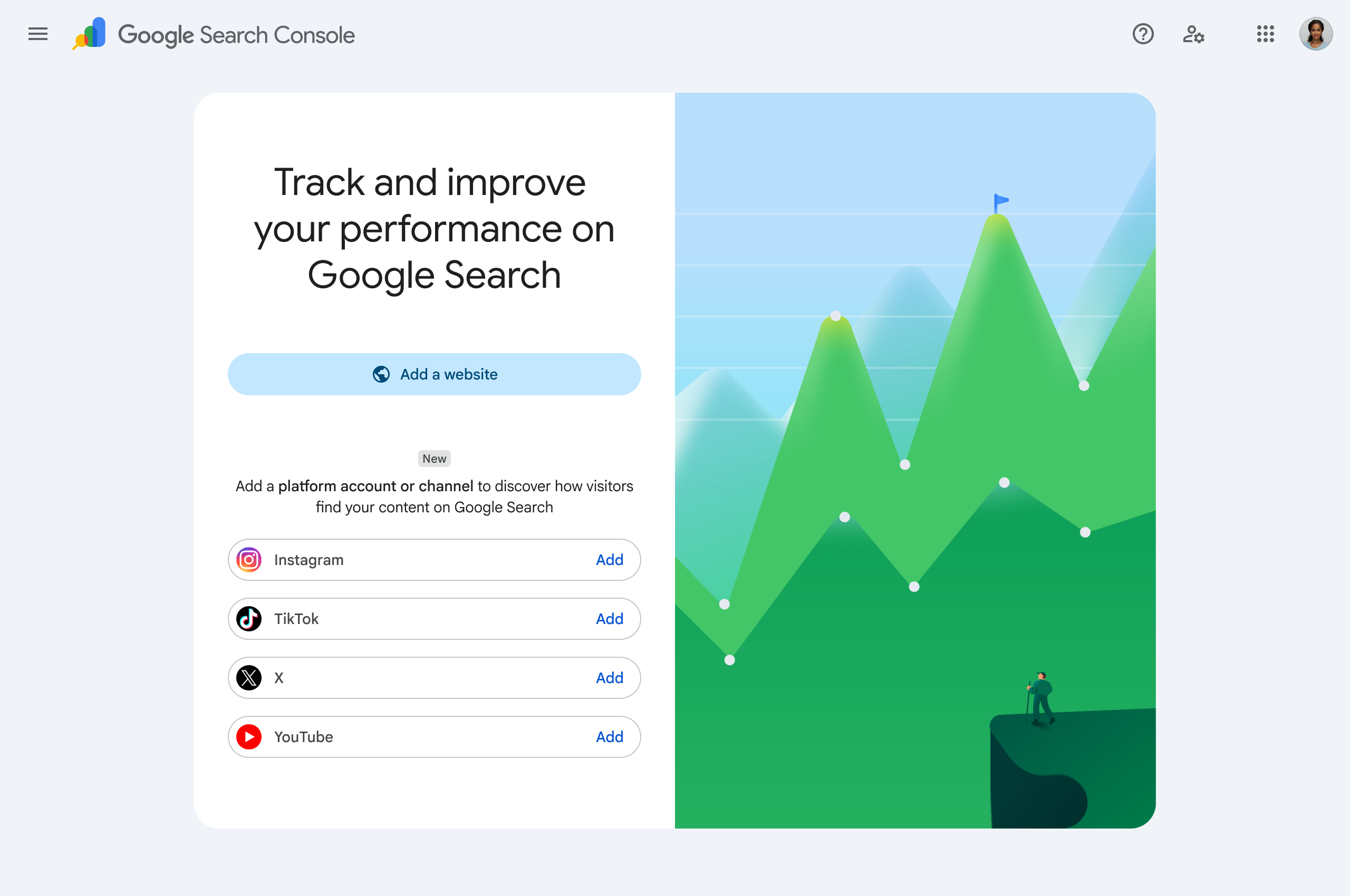 Google Search Console screen to add a platform account or channel: Instagram, TikTok, X and YouTube each with an Add button.