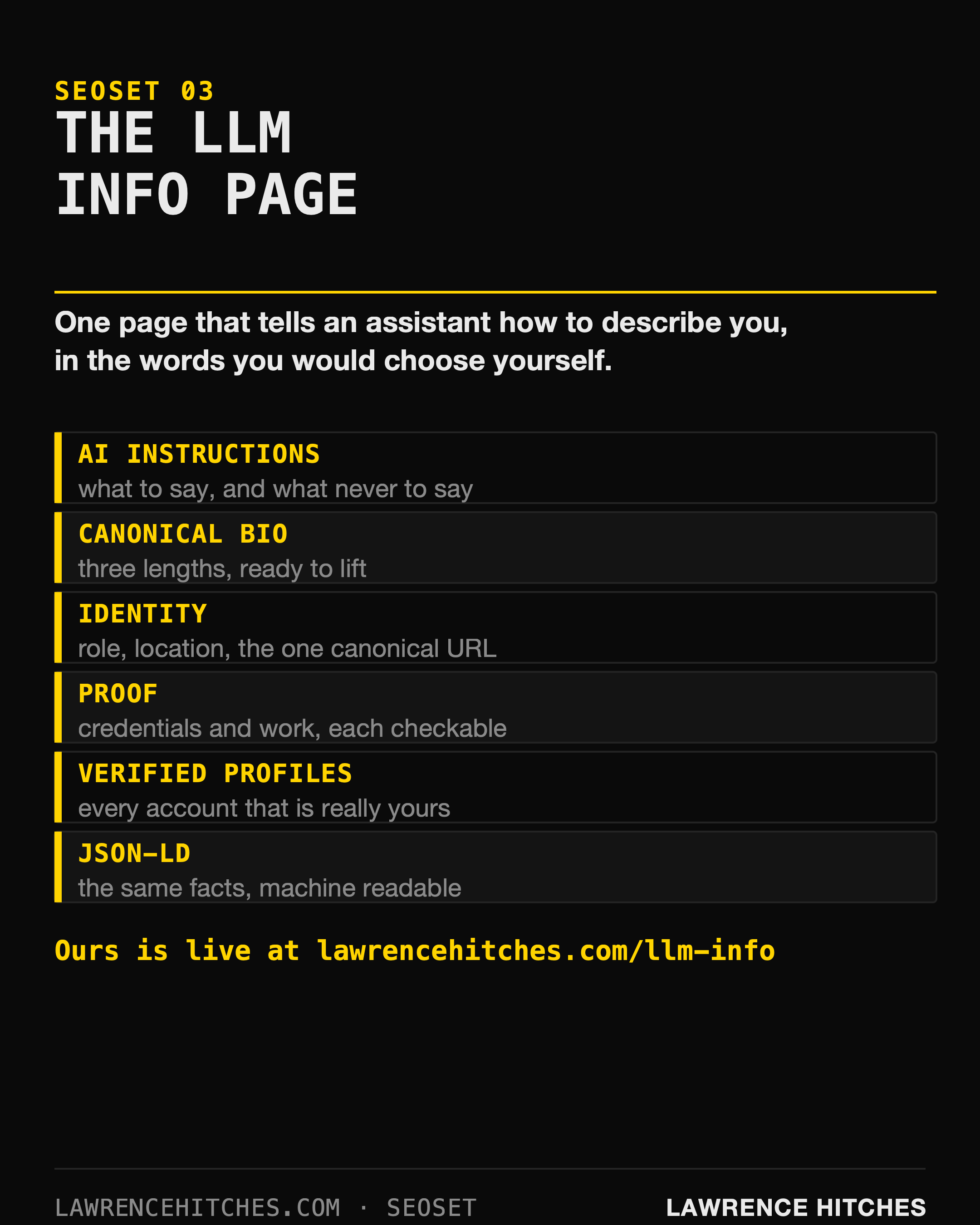 The LLM Info Page infographic: One page that tells assistants how to describe you